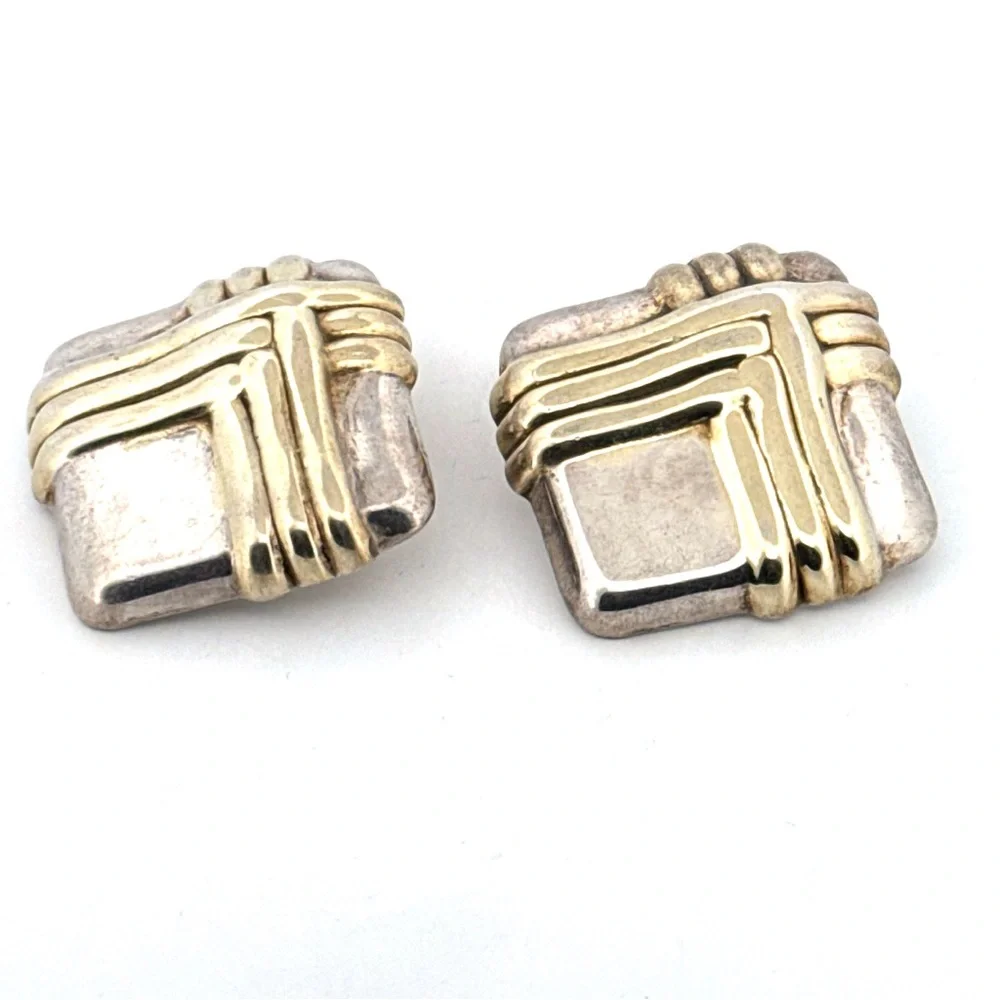 Vintage 925 Sterling Silver very large Puffy Square 2 tone clipon Earrings 18.5g